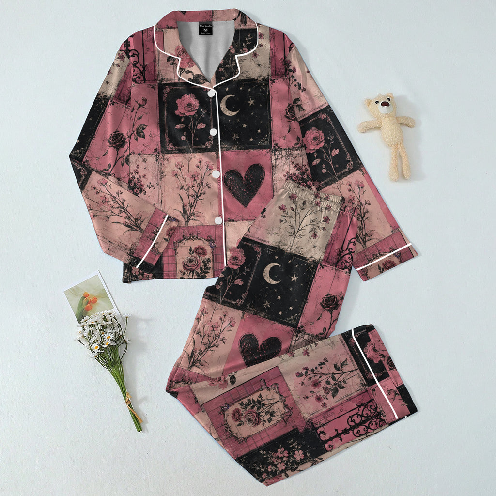 Women’s Vintage Rose and Crescent Moon Patchwork Long Sleeve Pajama Set
