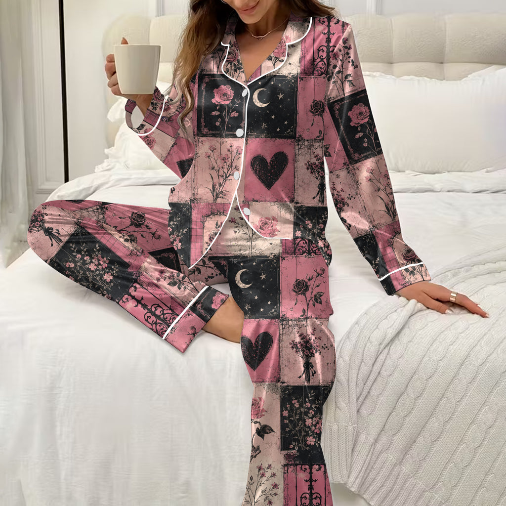 Women’s Vintage Rose and Crescent Moon Patchwork Long Sleeve Pajama Set