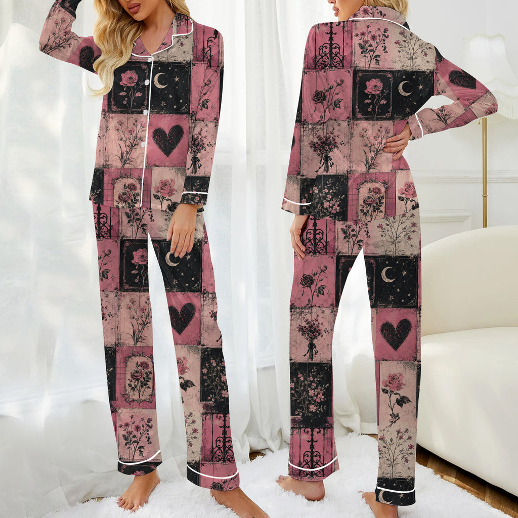 Women’s Vintage Rose and Crescent Moon Patchwork Long Sleeve Pajama Set