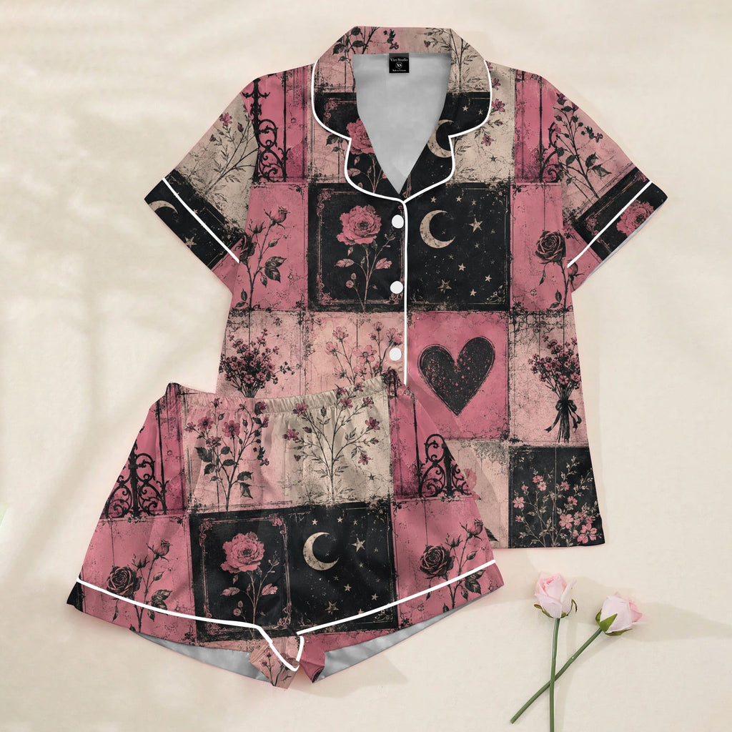 Women’s Gothic Floral and Crescent Moon Patchwork Print Short Sleeve Pajama Set