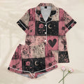 Women’s Gothic Floral and Crescent Moon Patchwork Print Short Sleeve Pajama Set