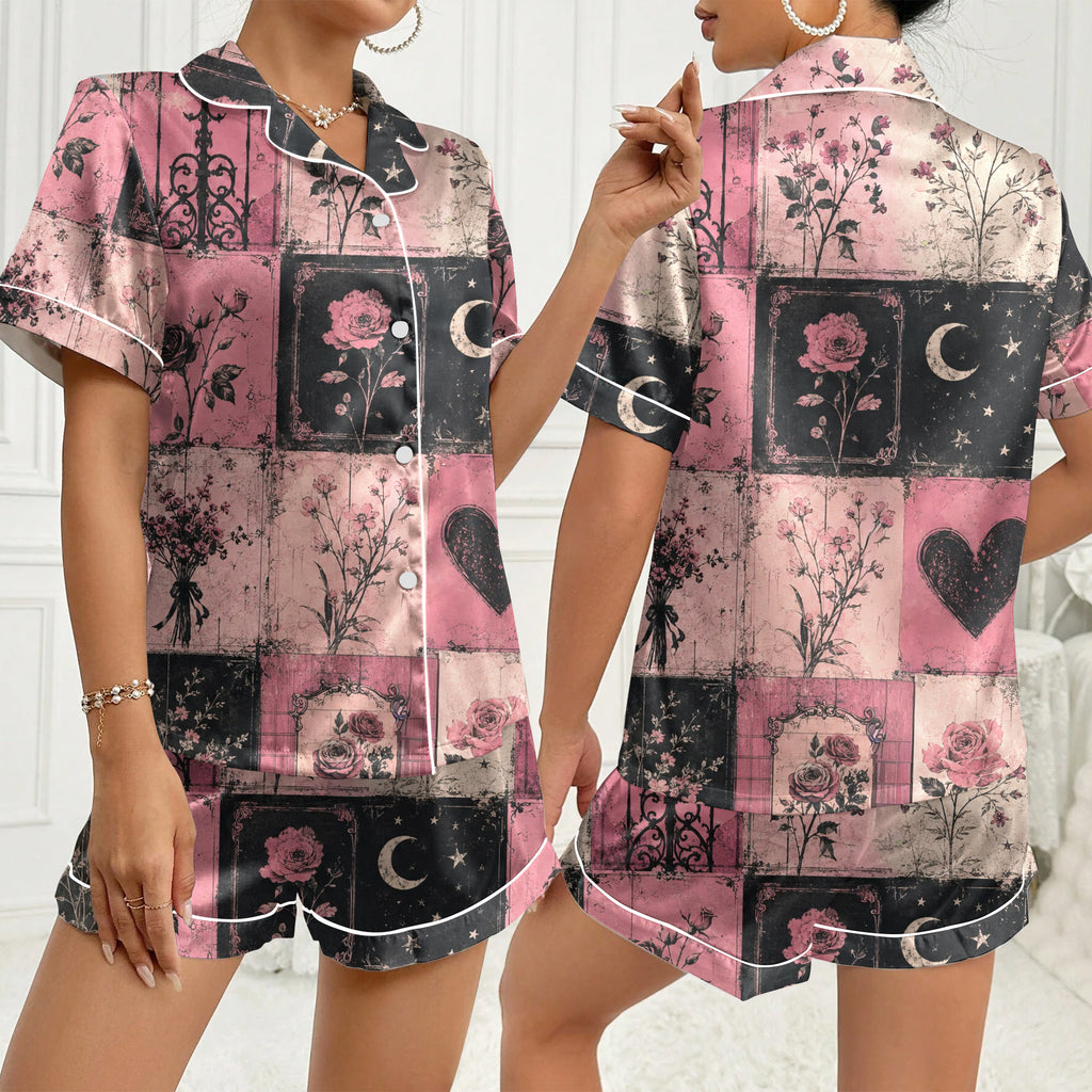 Women’s Gothic Floral and Crescent Moon Patchwork Print Short Sleeve Pajama Set