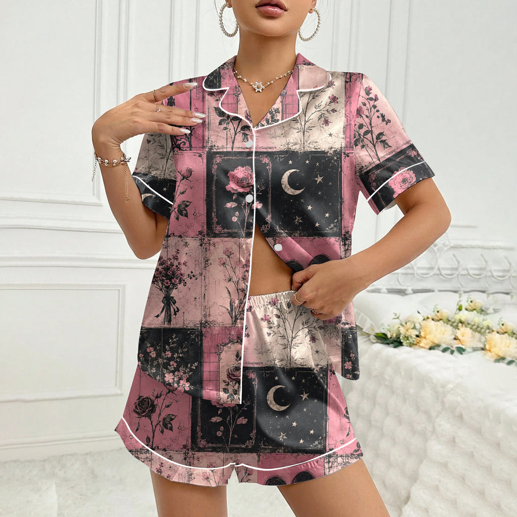 Women’s Gothic Floral and Crescent Moon Patchwork Print Short Sleeve Pajama Set