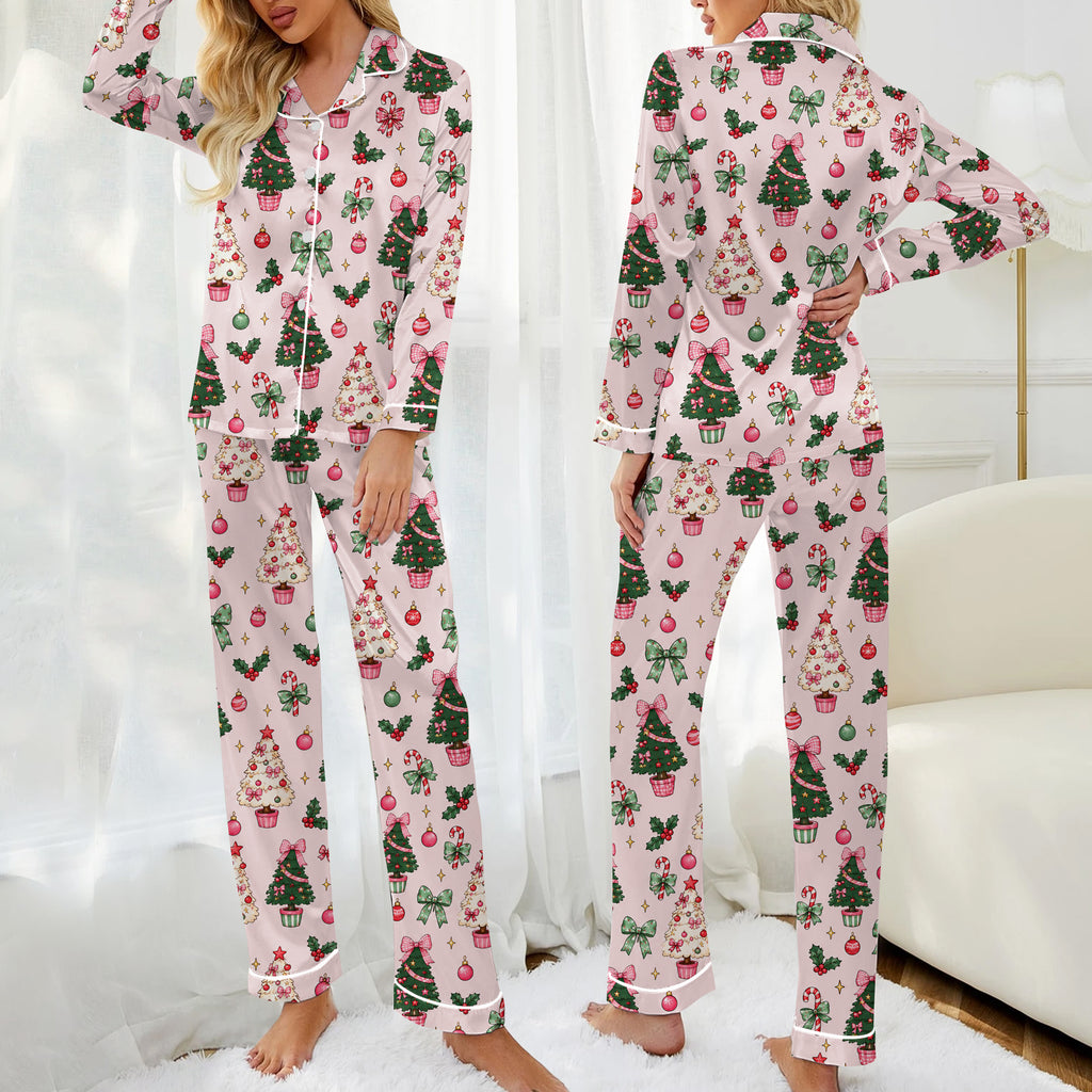 Women’s Christmas Tree and Bow Pattern Long Sleeve Pajama Set