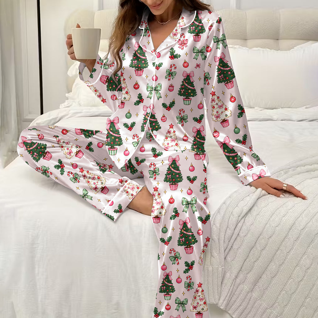 Women’s Christmas Tree and Bow Pattern Long Sleeve Pajama Set