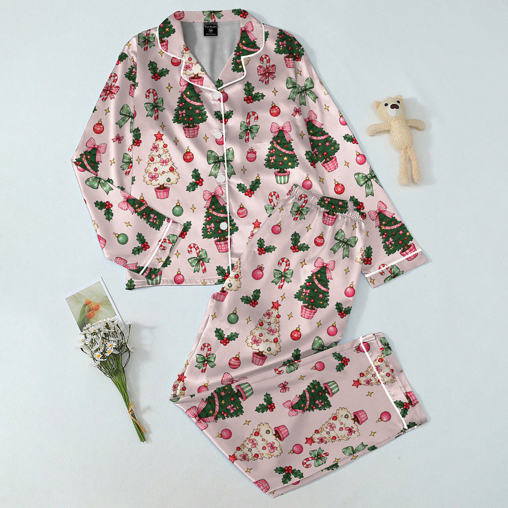 Women’s Christmas Tree and Bow Pattern Long Sleeve Pajama Set