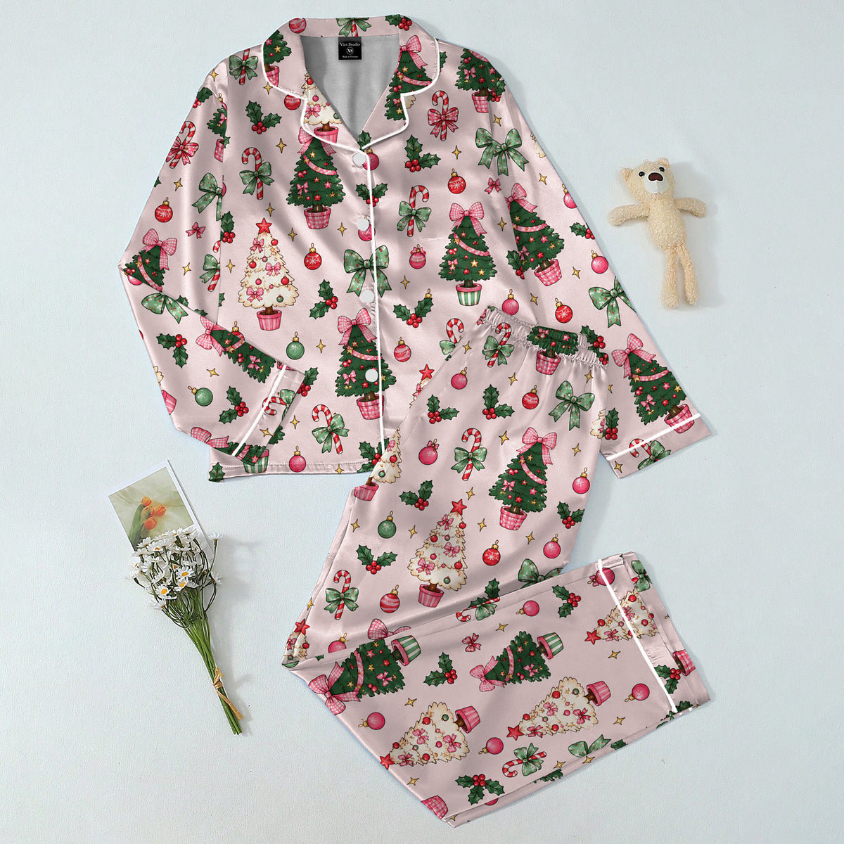 Women’s Christmas Tree and Bow Pattern Long Sleeve Pajama Set
