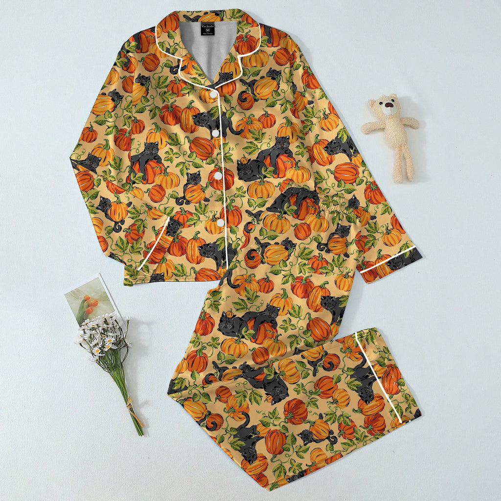 Women’s Halloween Black Cat and Pumpkin Pattern Long Sleeve Pajama Set