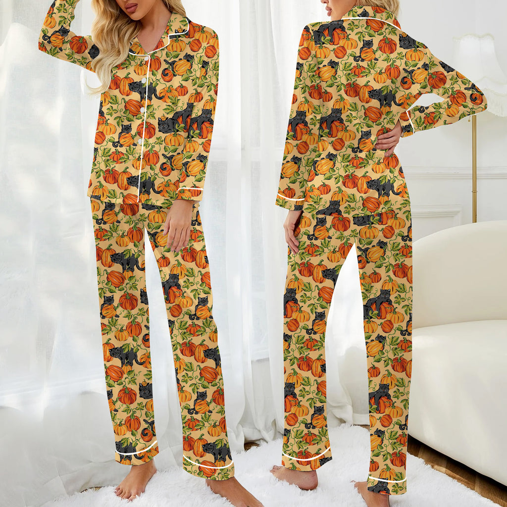 Women’s Halloween Black Cat and Pumpkin Pattern Long Sleeve Pajama Set