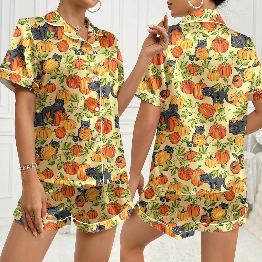 Women’s Halloween Black Cat and Pumpkin Short Sleeve Pajama Set