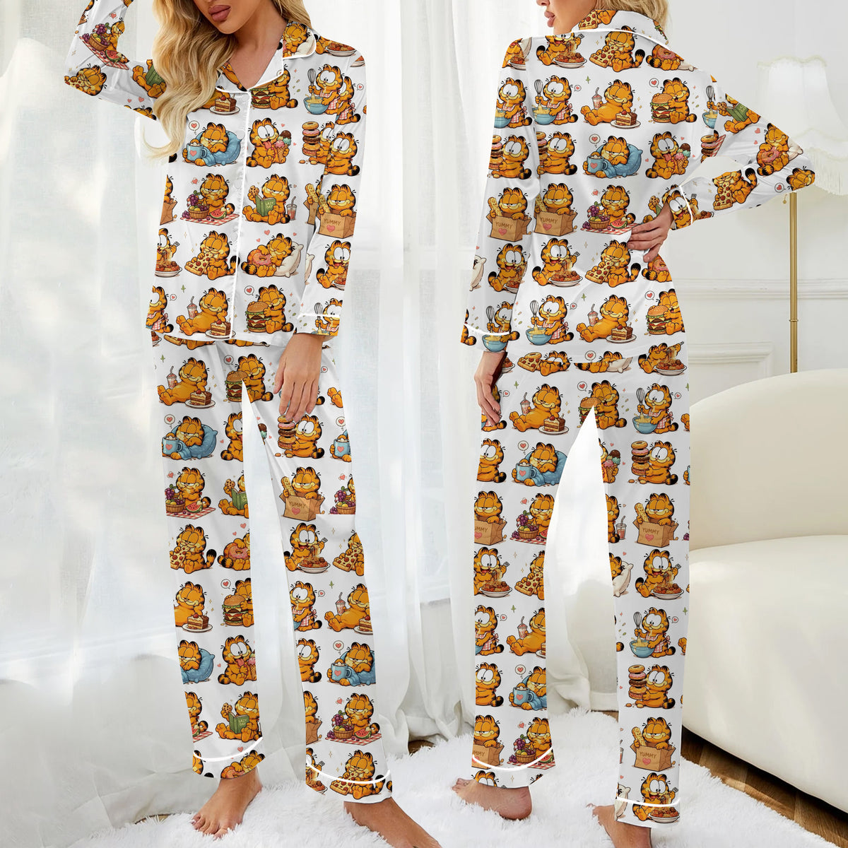 Women’s Garfield Food Pattern Long Sleeve Pajama Set