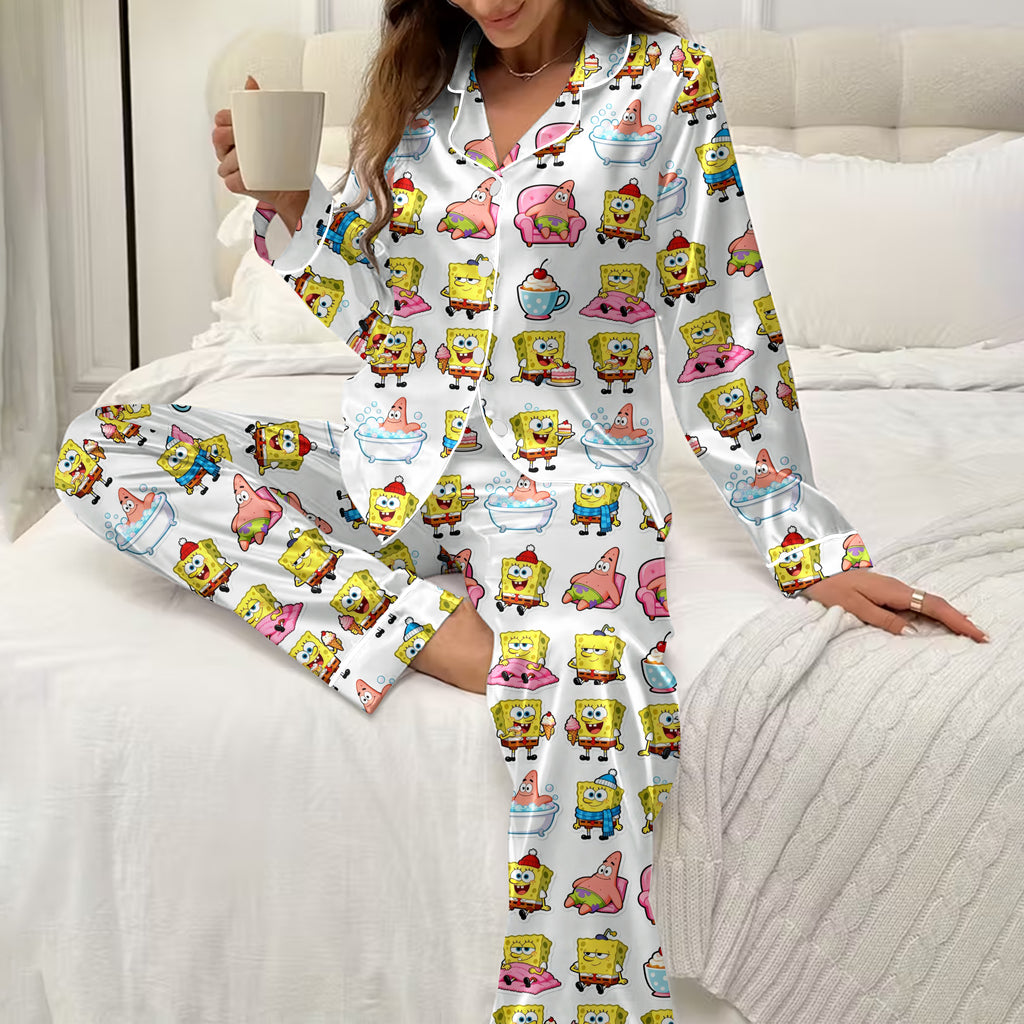 Women’s SpongeBob and Patrick Character Pattern Long Sleeve Pajama Set