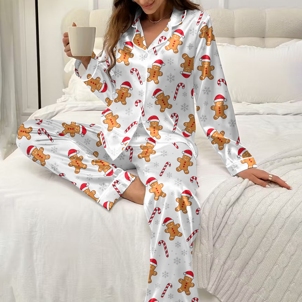 Women’s Christmas Gingerbread Man and Candy Cane Long Sleeve Pajama Set