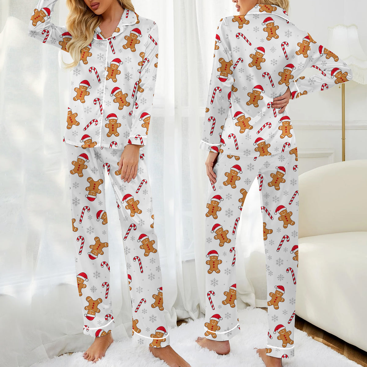 Women’s Christmas Gingerbread Man and Candy Cane Long Sleeve Pajama Set