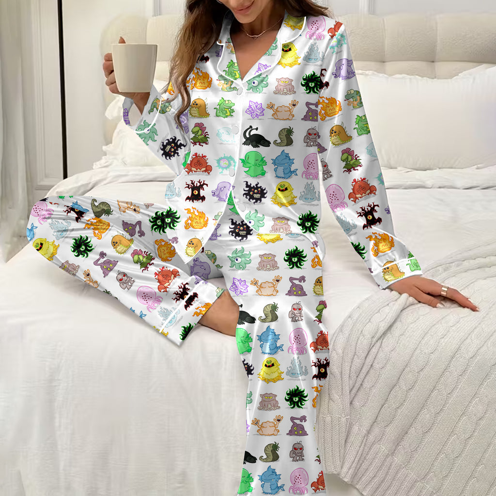 Women’s Cartoon Fantasy Monster Pattern Long Sleeve Pajama Set