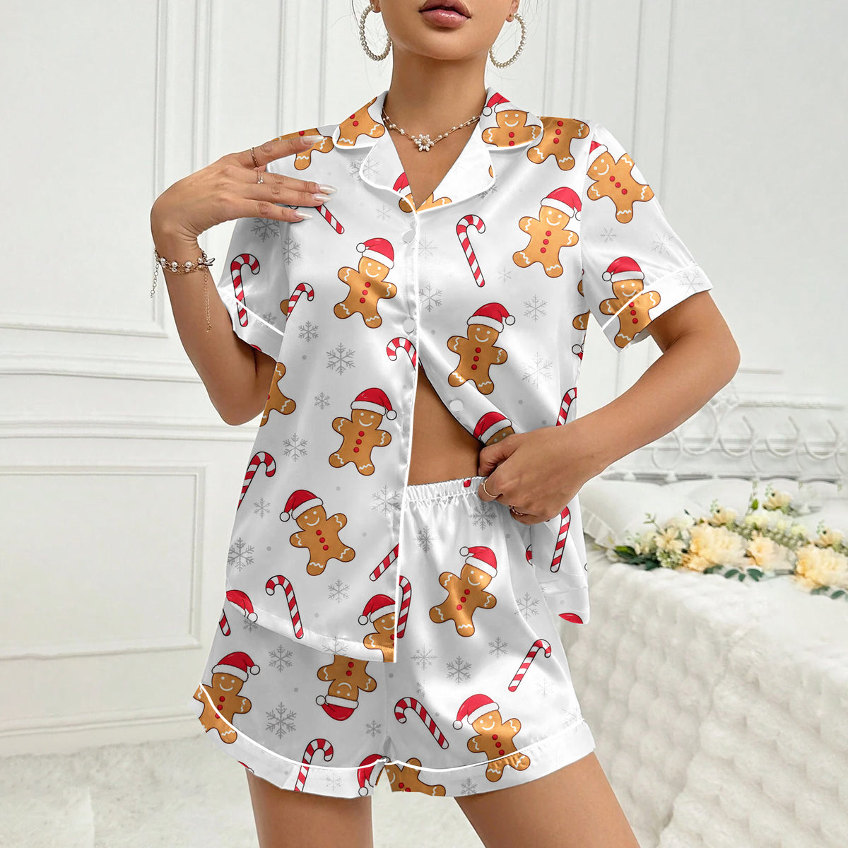 Women’s Christmas Gingerbread Man and Candy Cane Short Sleeve Pajama Set