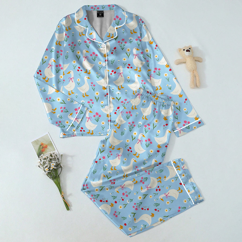 Goose and Wildflower Pattern Long Sleeve Pajama Set
