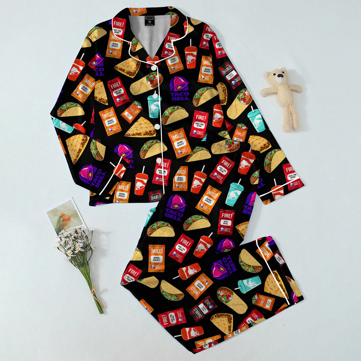 Taco Bell Food and Sauce Packet Pattern Long Sleeve Pajama Set