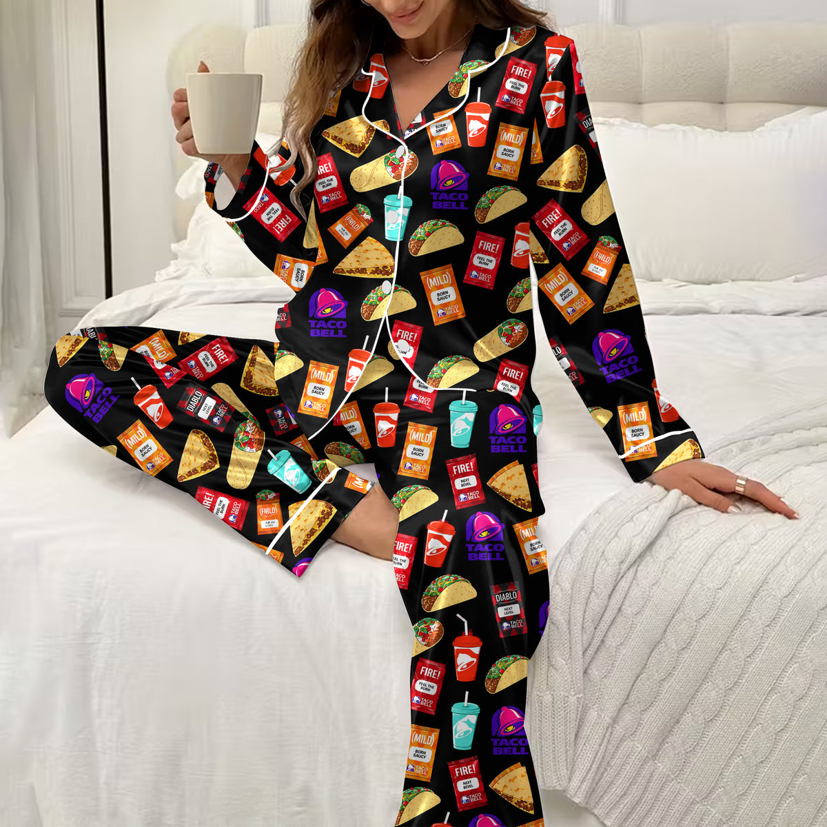 Taco Bell Food and Sauce Packet Pattern Long Sleeve Pajama Set