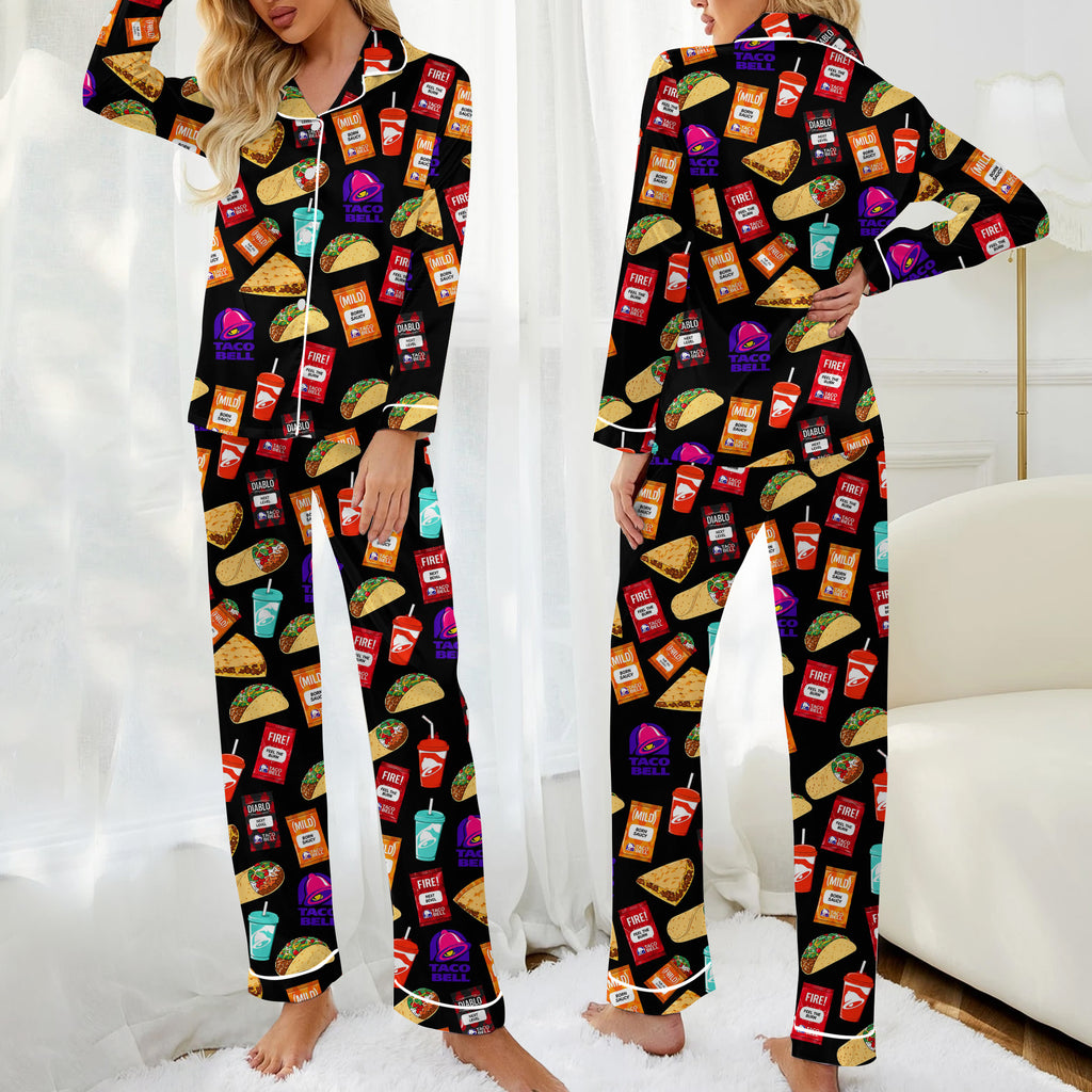 Taco Bell Food and Sauce Packet Pattern Long Sleeve Pajama Set