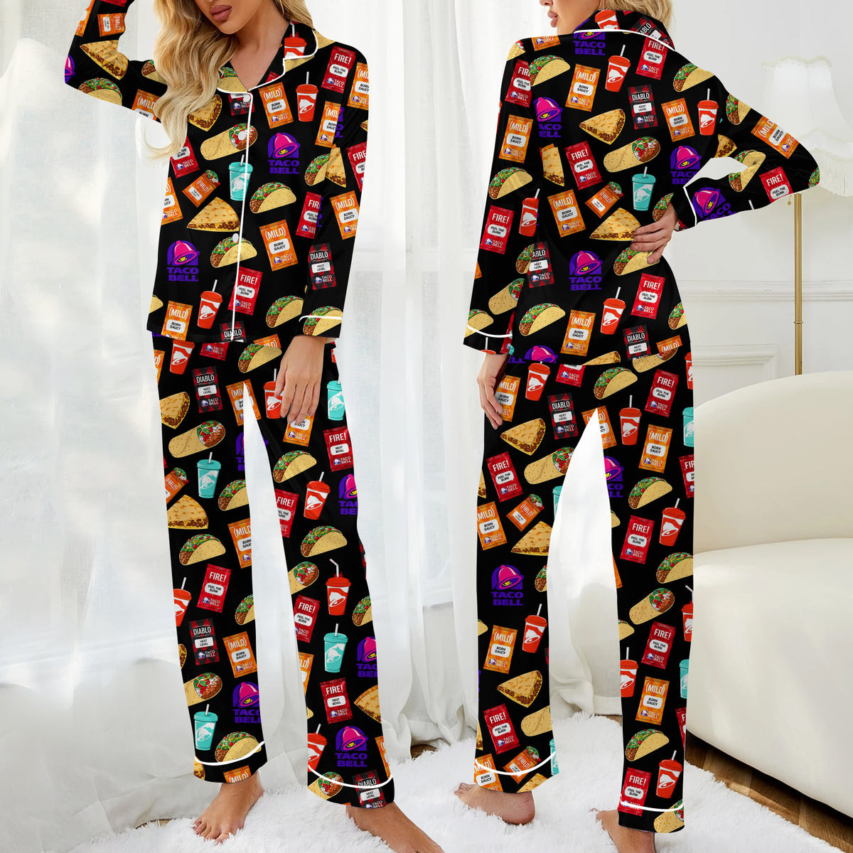 Taco Bell Food and Sauce Packet Pattern Long Sleeve Pajama Set
