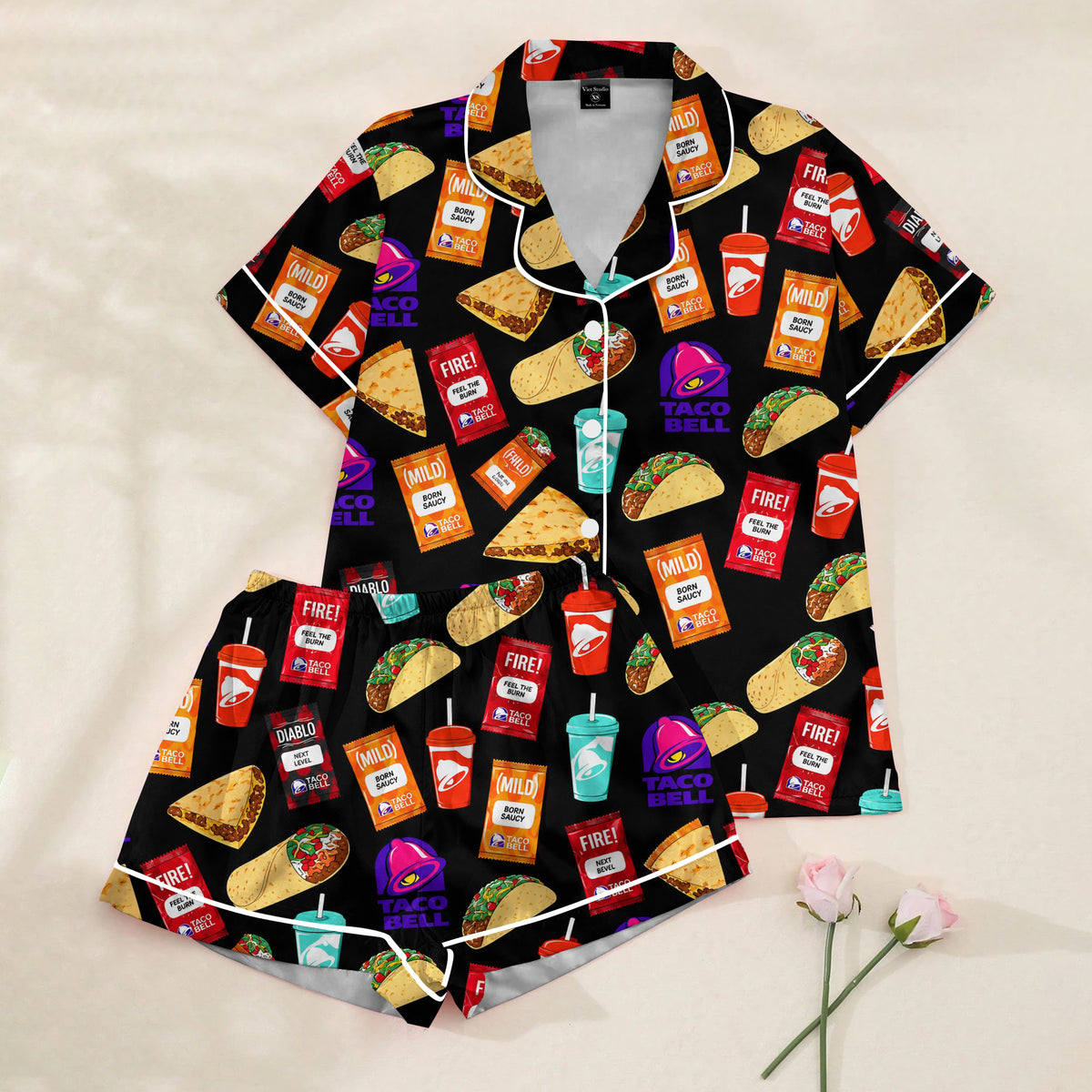 Taco Bell Food and Sauce Packet Pattern Short Sleeve Pajama Set
