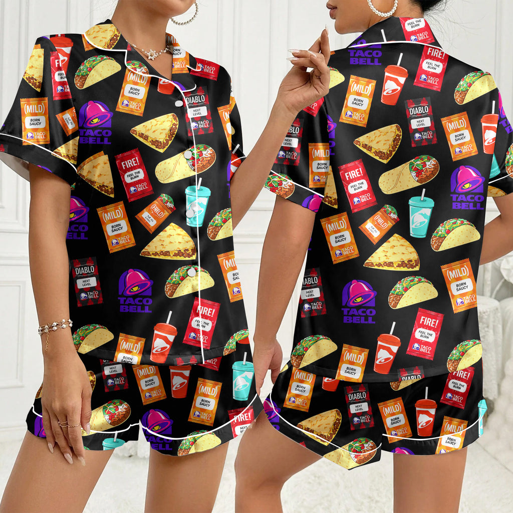 Taco Bell Food and Sauce Packet Pattern Short Sleeve Pajama Set