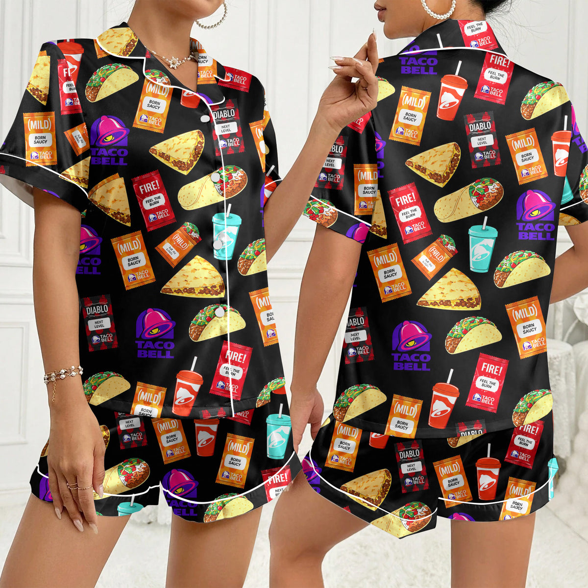 Taco Bell Food and Sauce Packet Pattern Short Sleeve Pajama Set