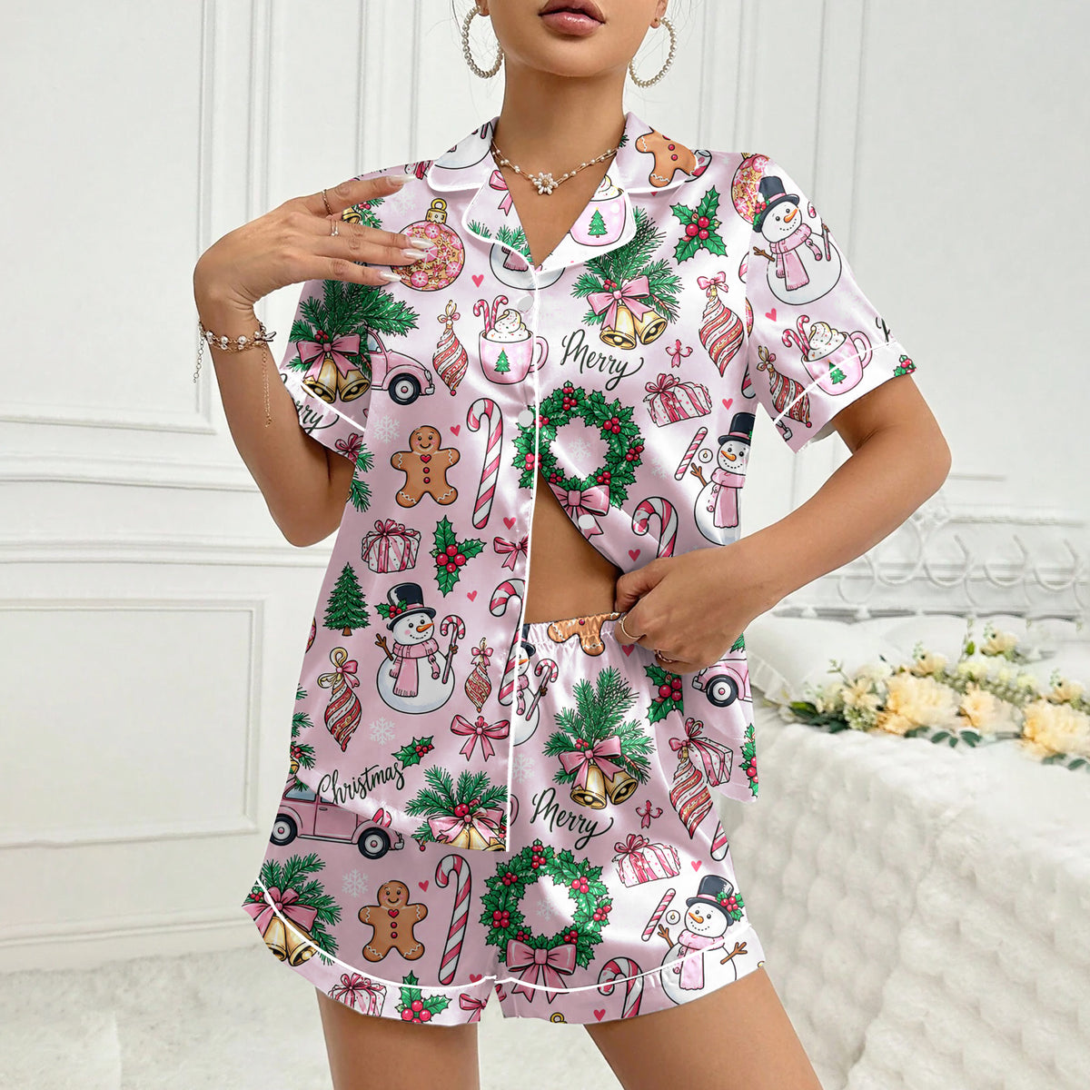 Christmas Snowman and Candy Cane Pattern Short Sleeve Pajama Set