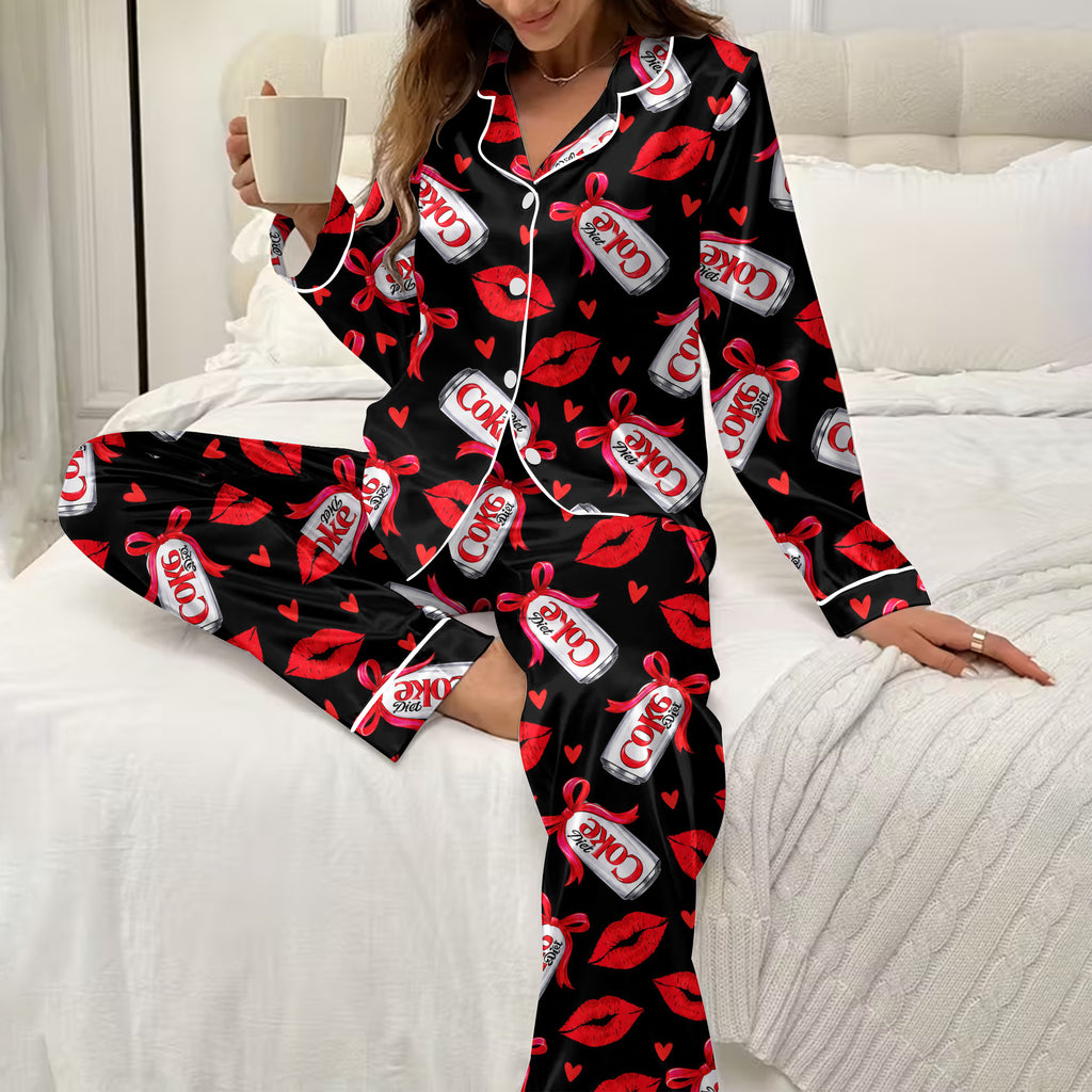 Diet Coke Can and Lip Print Long Sleeve Pajama Set