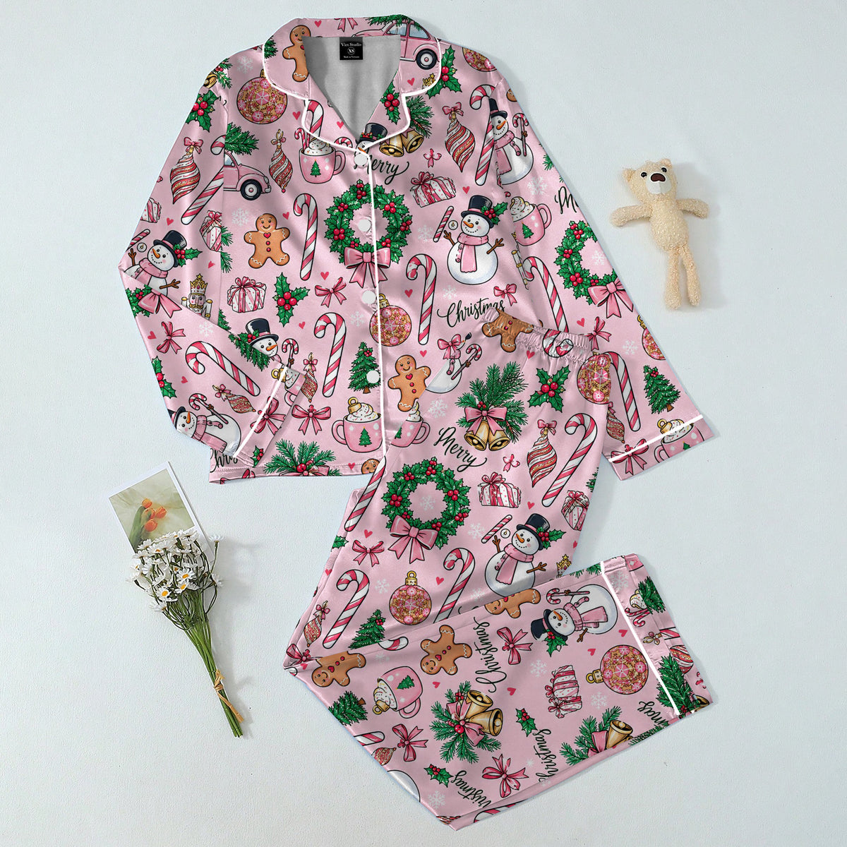 Christmas Snowman and Candy Cane Pattern Long Sleeve Pajama Set