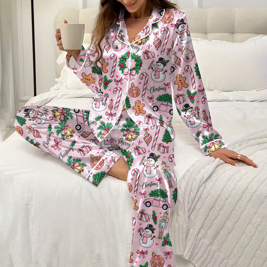 Christmas Snowman and Candy Cane Pattern Long Sleeve Pajama Set