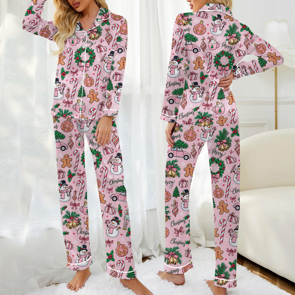 Christmas Snowman and Candy Cane Pattern Long Sleeve Pajama Set