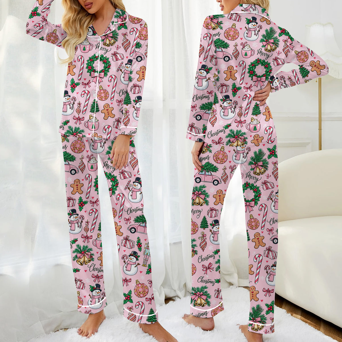 Christmas Snowman and Candy Cane Pattern Long Sleeve Pajama Set