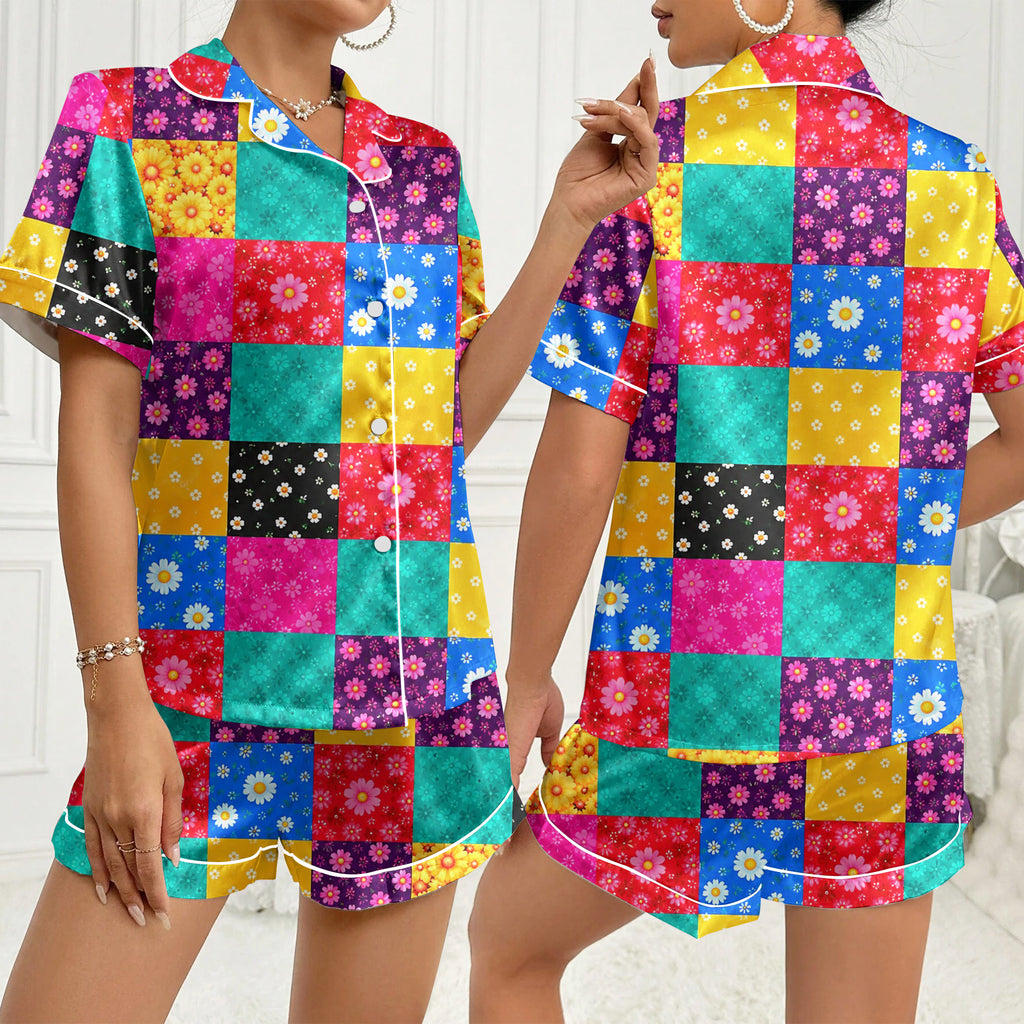 Women’s Daisy Floral Patchwork Print Short Sleeve Pajama Set