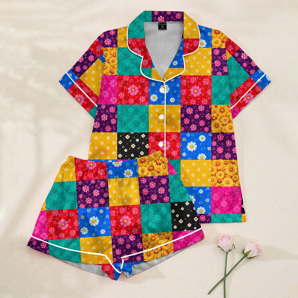 Women’s Daisy Floral Patchwork Print Short Sleeve Pajama Set