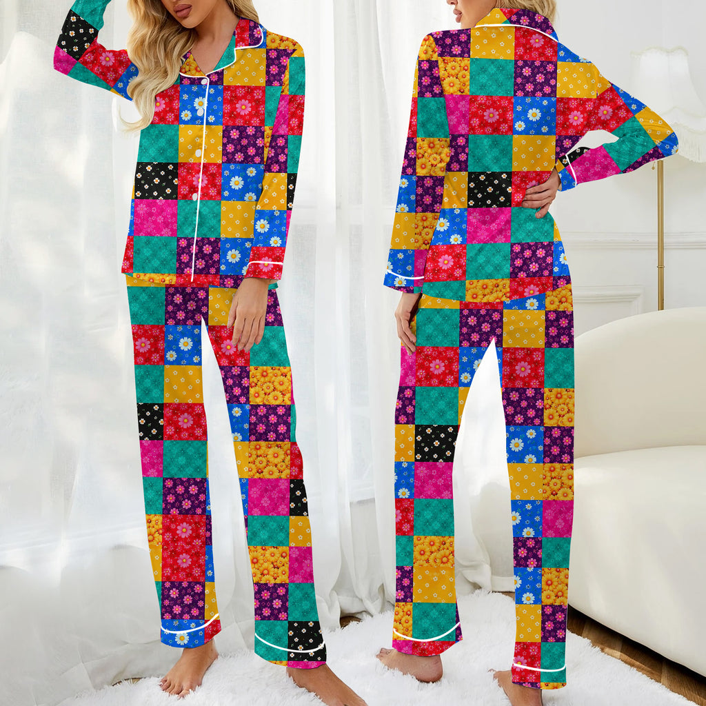 Women’s Daisy Floral Patchwork Print Long Sleeve Pajama Set