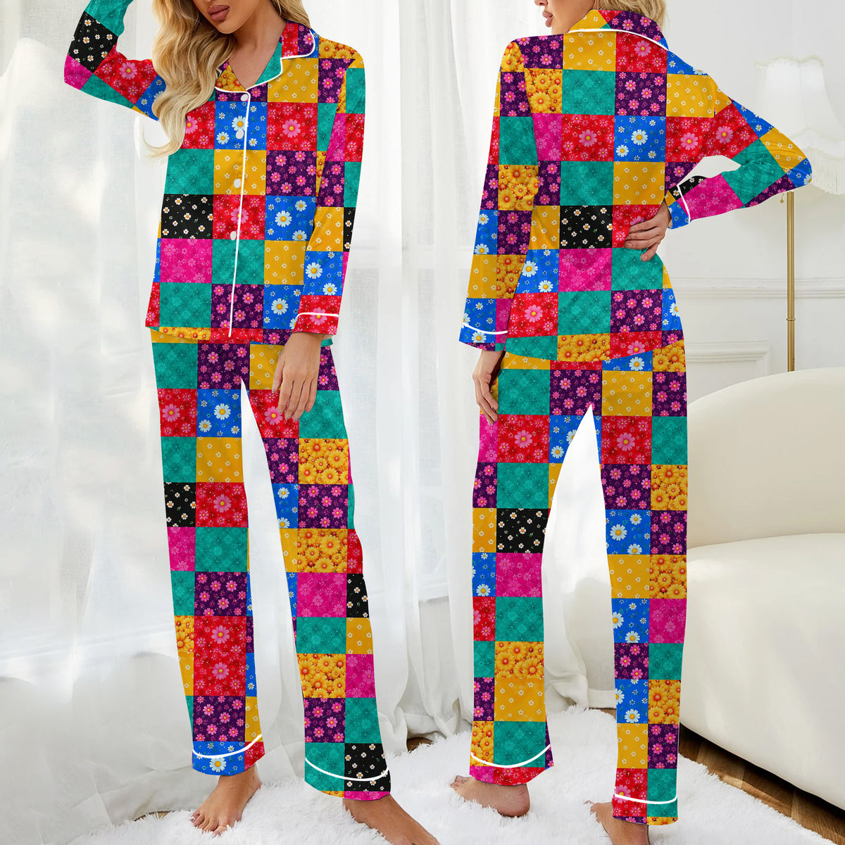 Women’s Daisy Floral Patchwork Print Long Sleeve Pajama Set