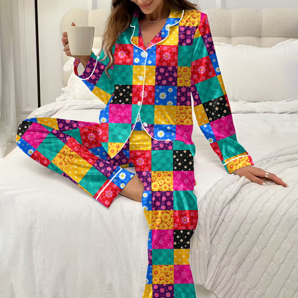 Women’s Daisy Floral Patchwork Print Long Sleeve Pajama Set