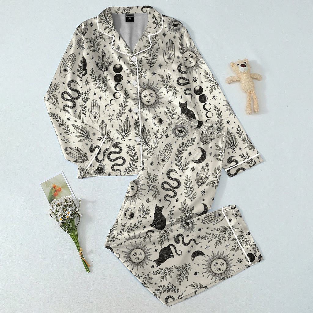 Celestial Sun Moon and Mystic Symbols Long Sleeve Pajama Set
