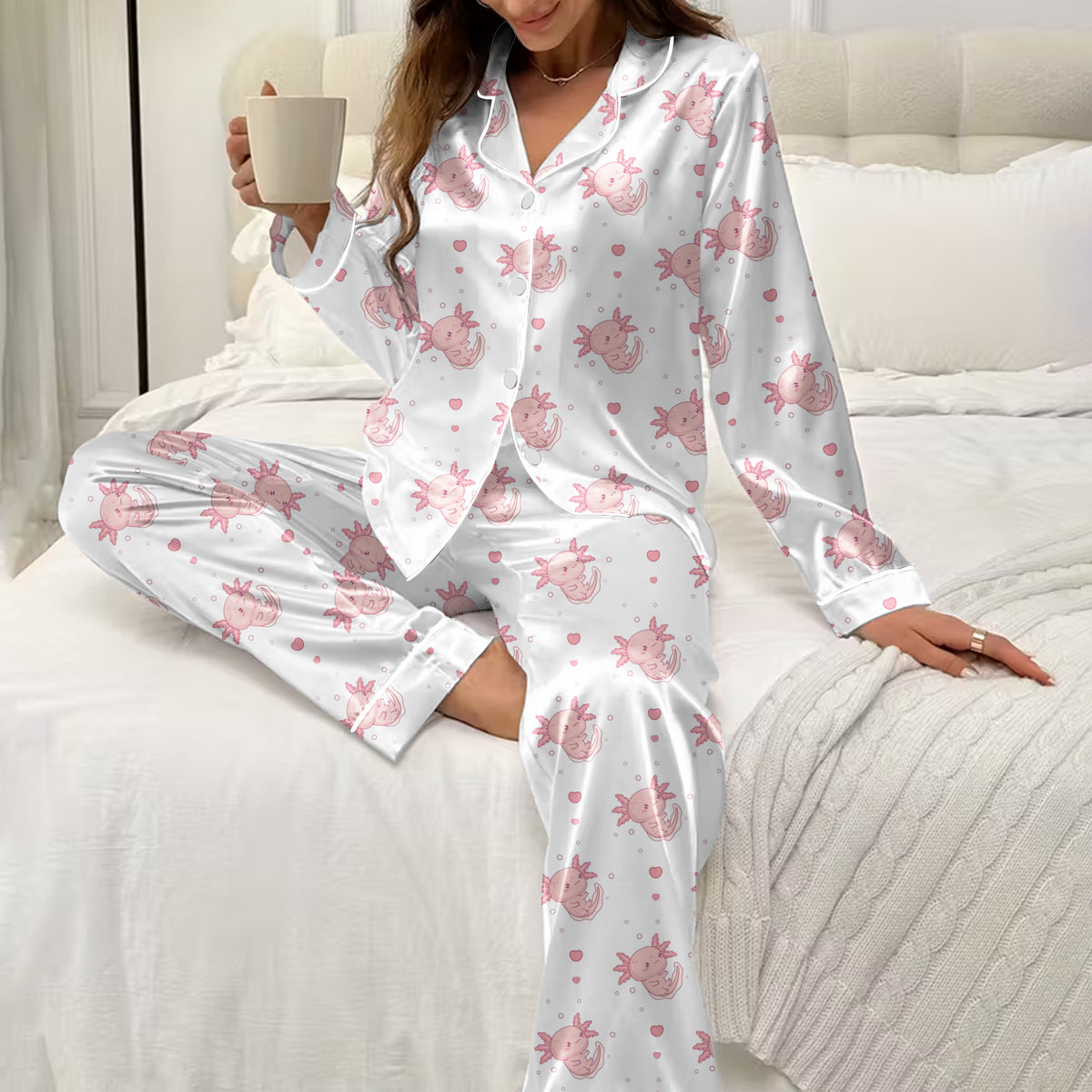 Axolotl and Heart Pattern Long Sleeve Pajama Set