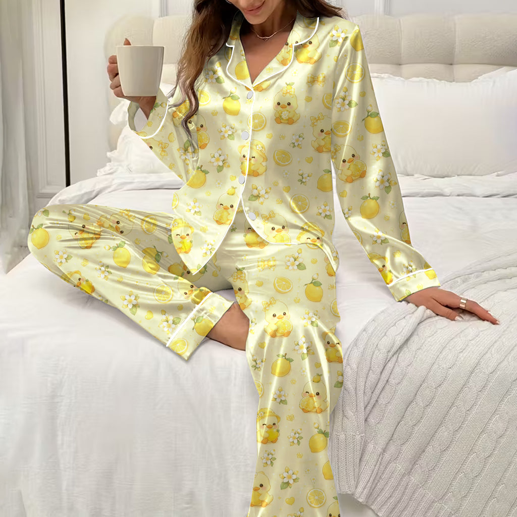 Duckling Lemon and Floral Pattern Long Sleeve Pajama Set