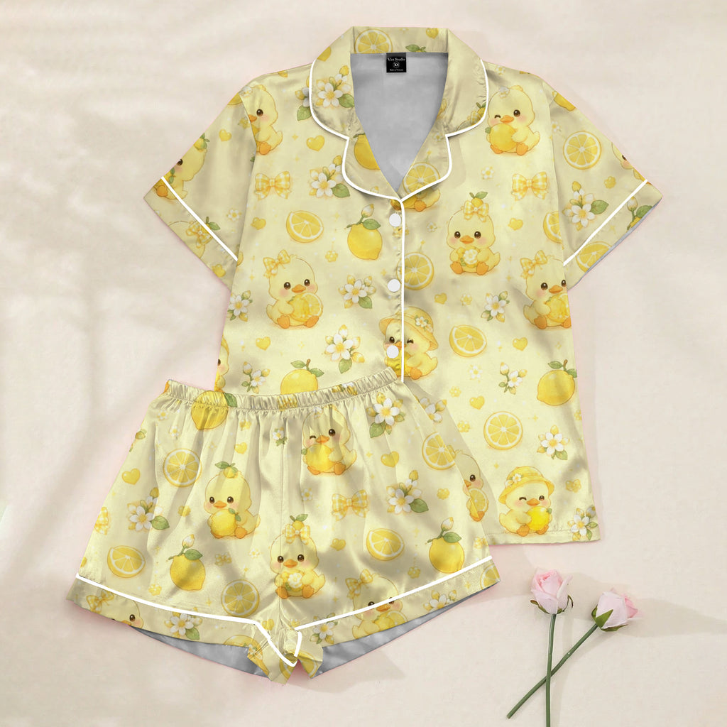 Duckling Lemon and Floral Pattern Short Sleeve Pajama Set