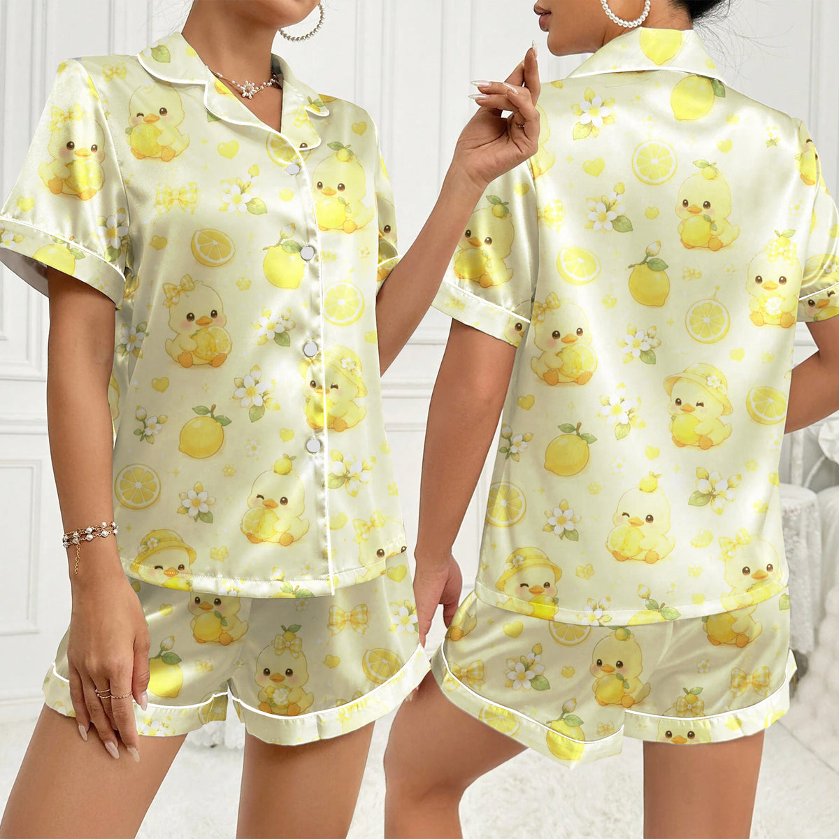 Duckling Lemon and Floral Pattern Short Sleeve Pajama Set