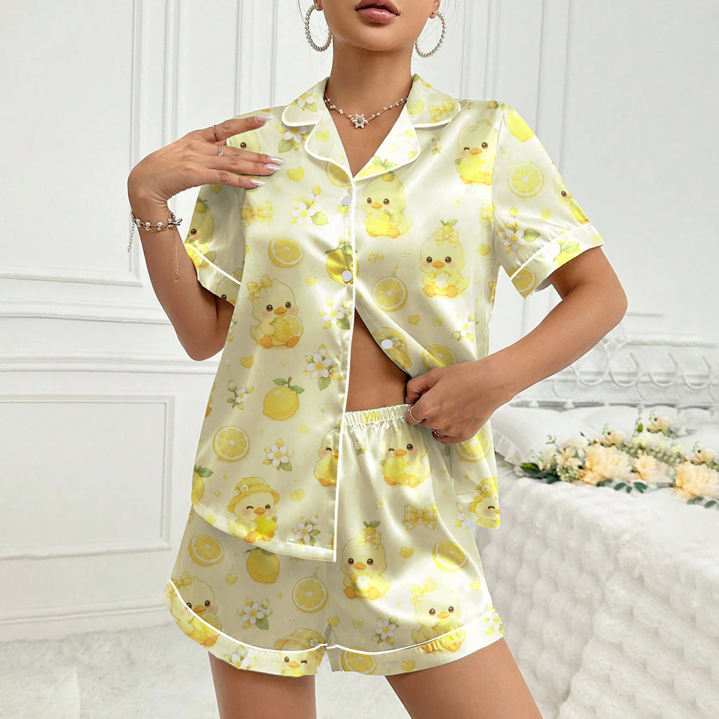 Duckling Lemon and Floral Pattern Short Sleeve Pajama Set