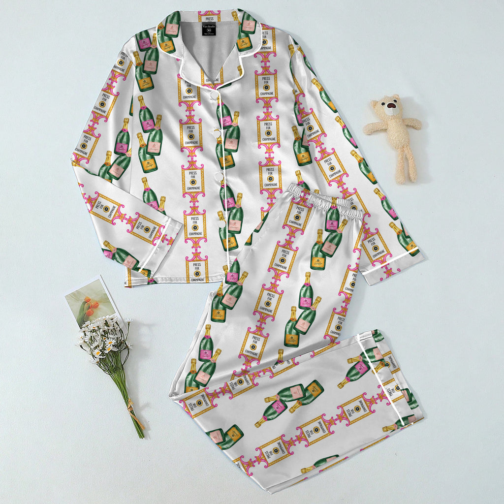 Press for Champagne Bottle Pattern Long Sleeve Pajama Set