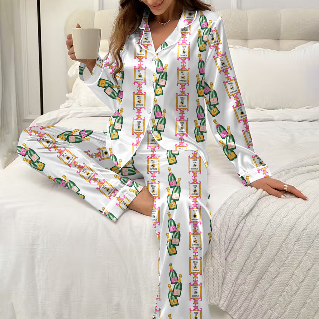 Press for Champagne Bottle Pattern Long Sleeve Pajama Set