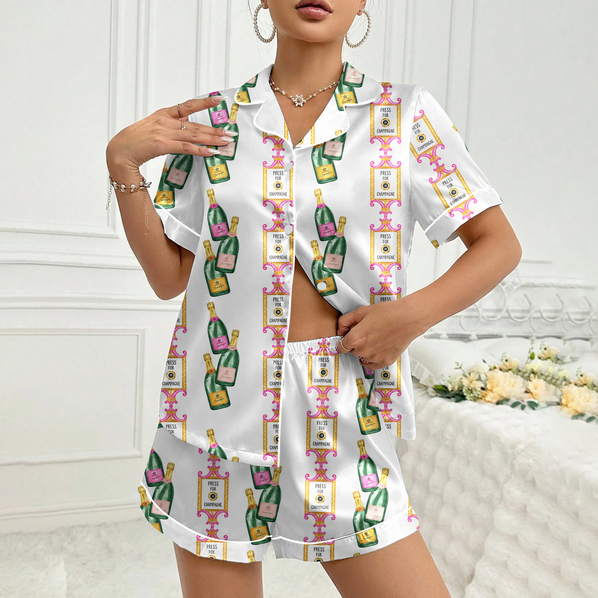 Press for Champagne Bottle Pattern Short Sleeve Pajama Set