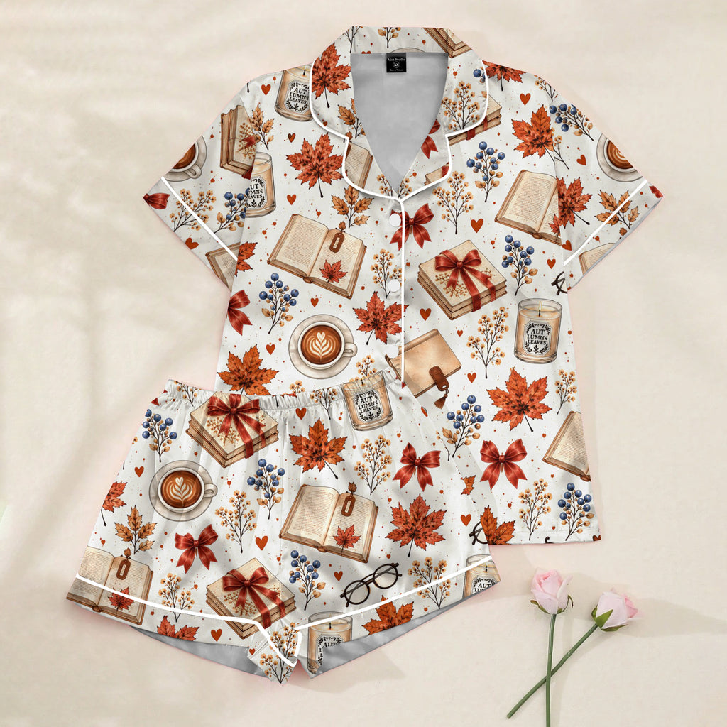 Autumn Books Coffee and Maple Leaf Pattern Short Sleeve Pajama Set