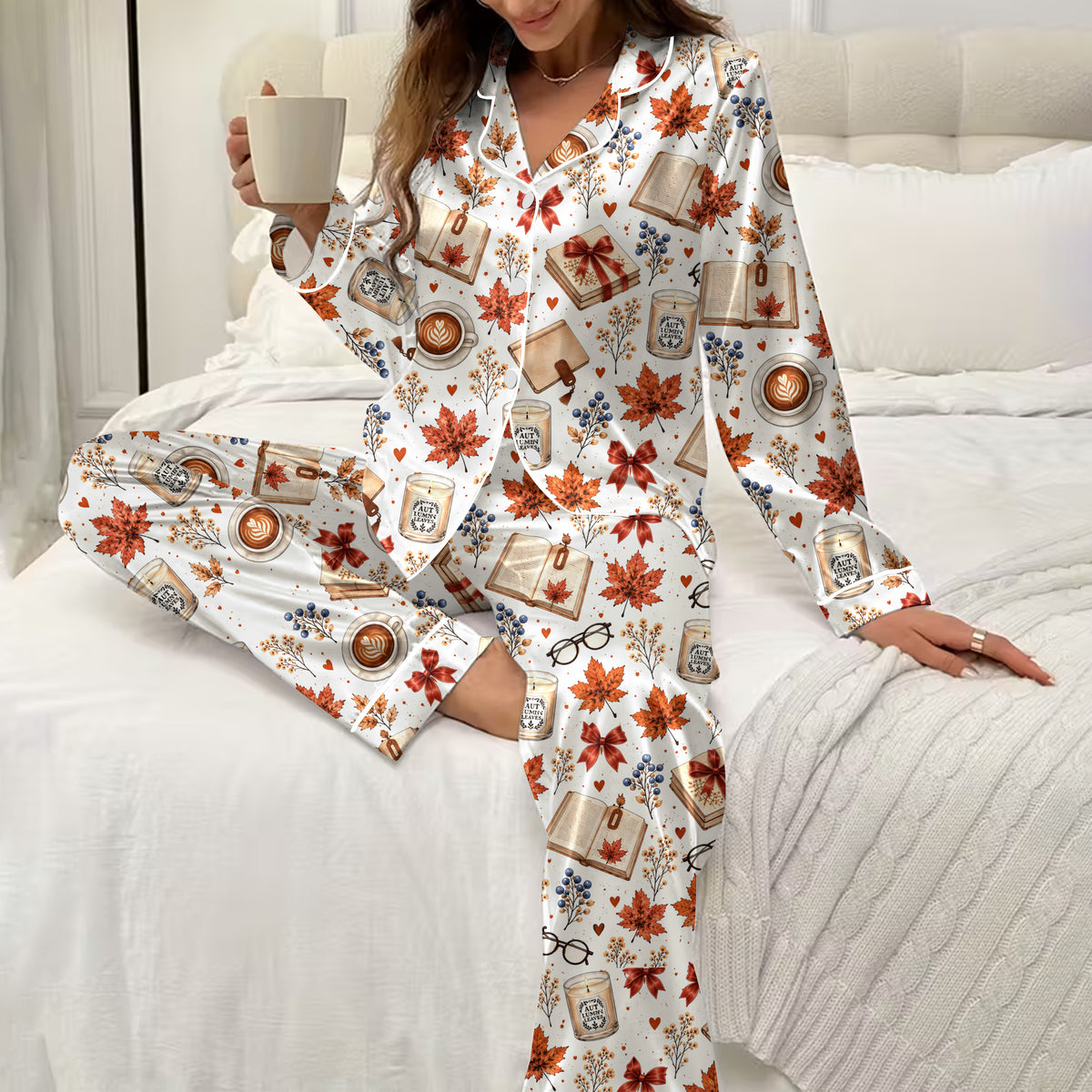 Autumn Books Coffee and Maple Leaf Pattern Long Sleeve Pajama Set